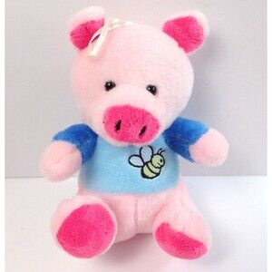 Linzy Pig Plush Doll with Embroidered Bee Seated 6.5" With Hang Ribbon